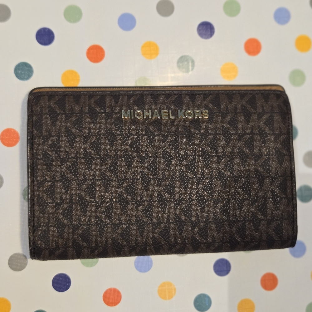 MK Michael Kors Wallet Jet Set Travel Slim Bifold brown acorn signature